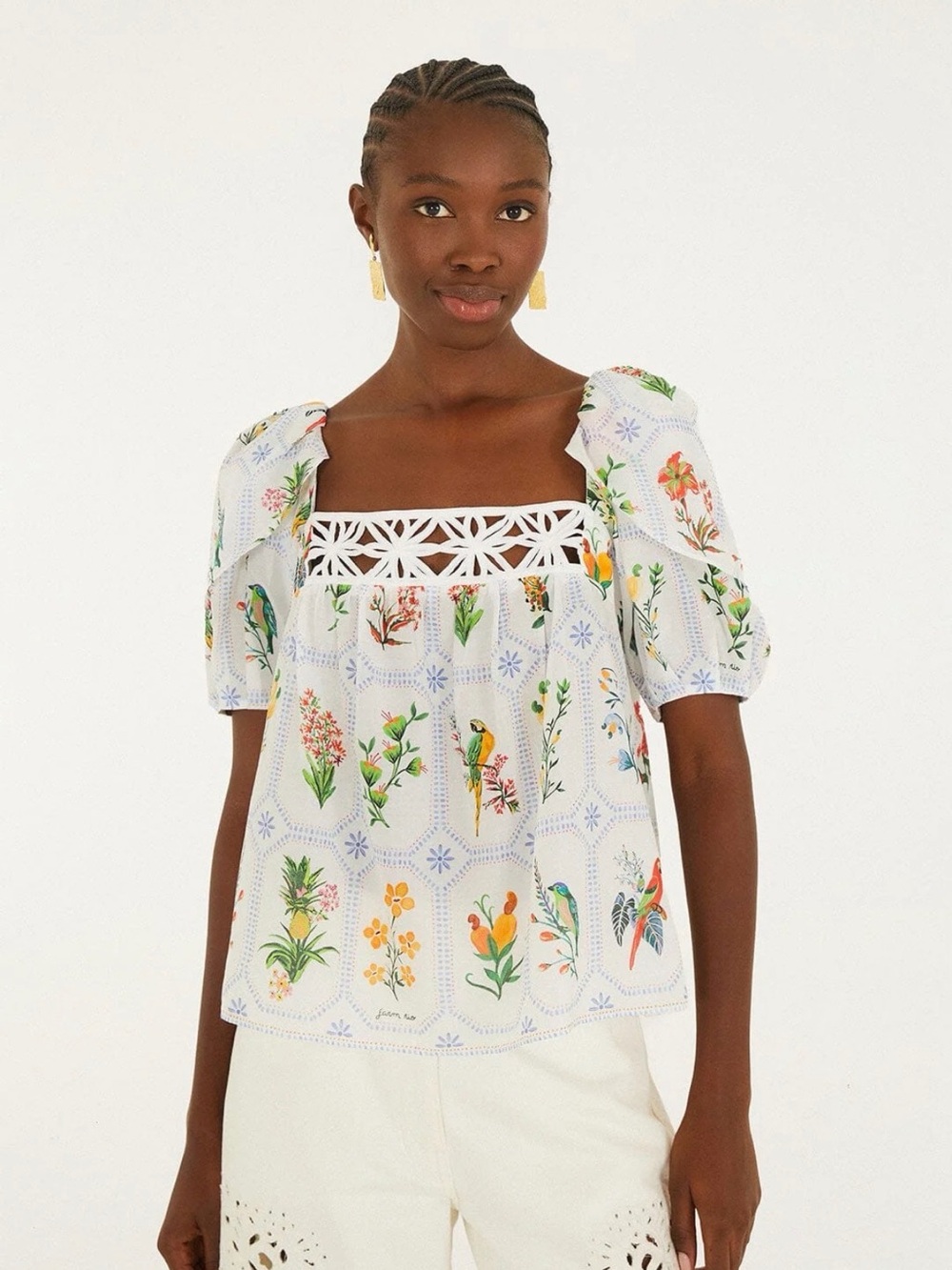 Floral Print Square Neck Puff Sleeve Top - White